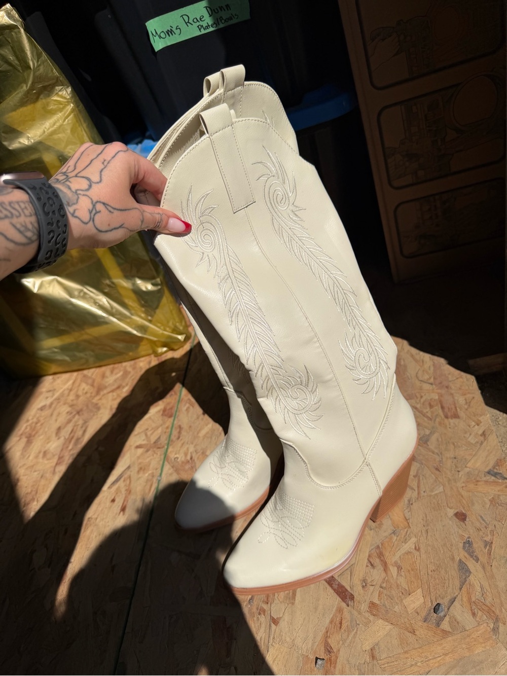 Ardene Cream Western Embroidered Knee-High Heeled Boots